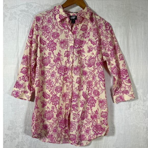 Lands End Button Up Tunic 12 Yellow Pink Floral No Iron Supima - Picture 1 of 12